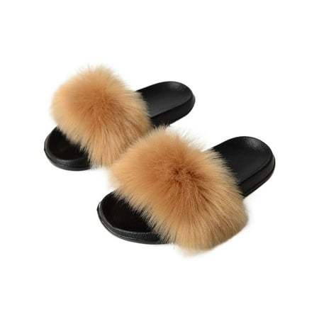

GENILU Ladies Fashion Casual Fluffy Slides Slip On Indoor Outdoor Open Toe Flat Sandals Khaki 10.5-11