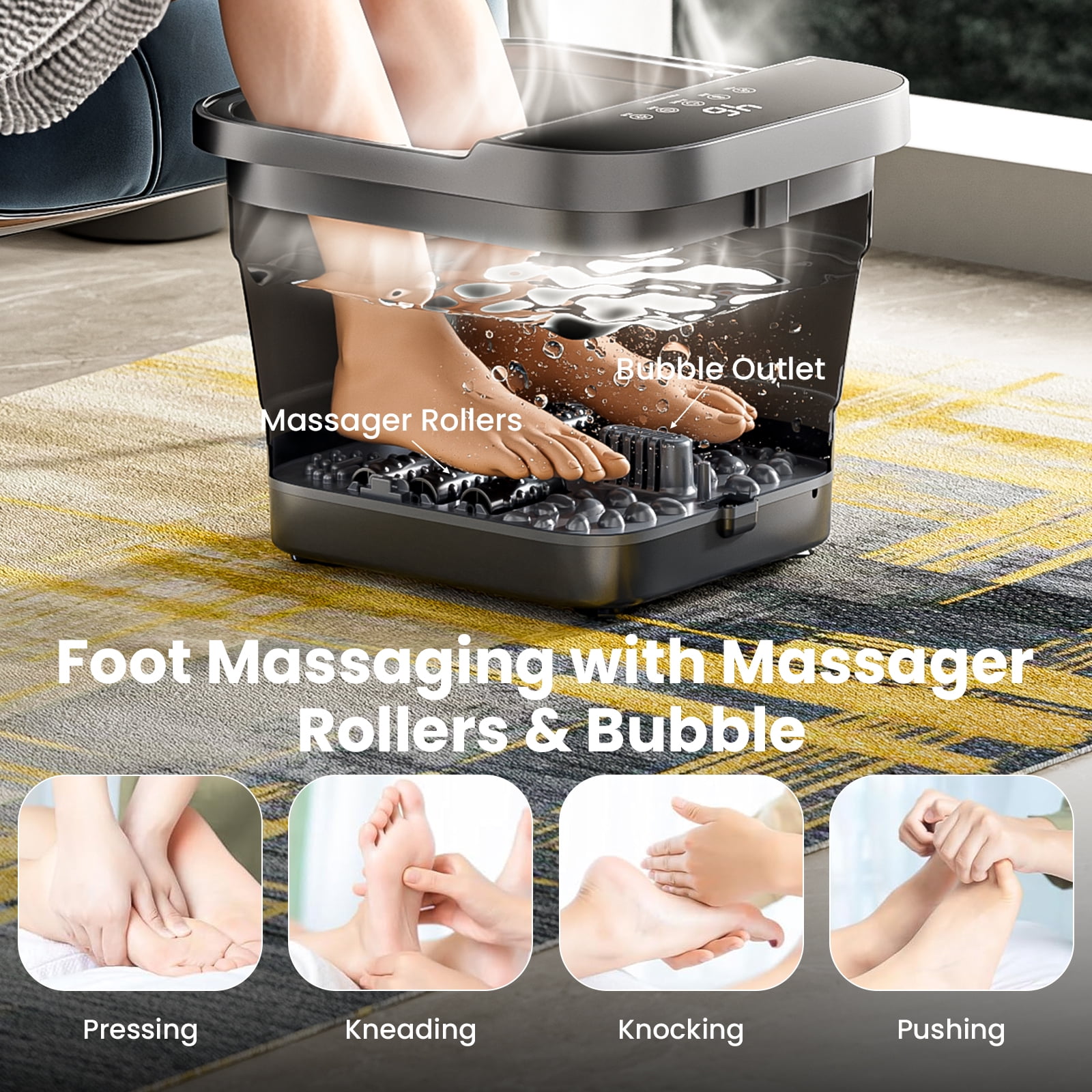 Collapsible Foot Spa, Foot Bath Massager with Heat, Bubble, Red Light, Temperature Control, Remote Control, Shiatsu Massage Rollers, Pedicure Foot Spa for Stress Relief