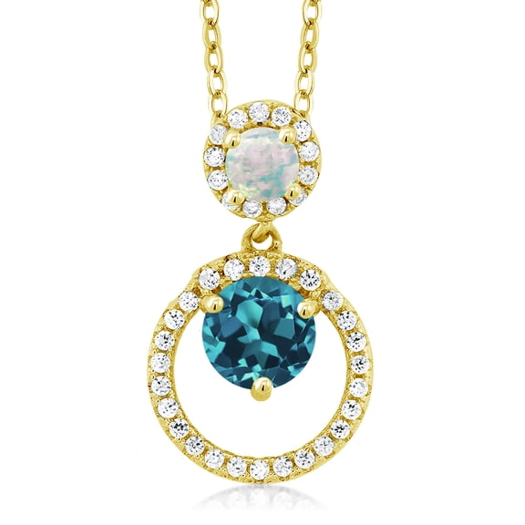 Gem Stone King 18K Yellow Gold Plated Silver London Blue Topaz and White Simulated Opal Pendant Necklace for Women (1.95 Cttw, Gemstone November Birthstone, Round 6MM and 4MM)