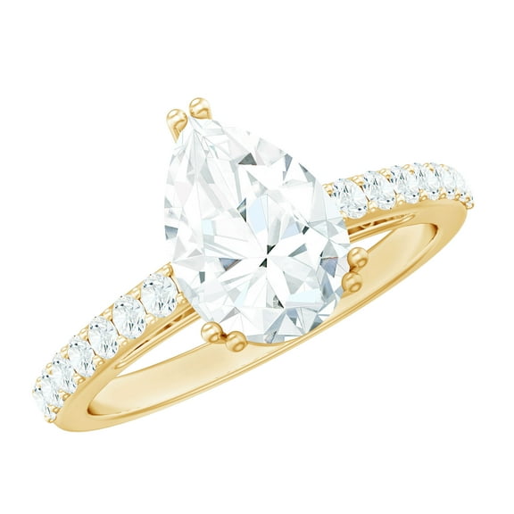 Rosec Jewels Statement Teardrop Moissanite Engagement Ring with Side Stones - 2 Ct - 7x10 mm, 10K Yellow Gold, US 6.50