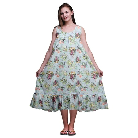 

Bimba Light Steel Blue2 Floral Leaves & Ranunculus Sleeveless Cotton Nightgowns For Women Printed Mid-Calf Length Sleepwear X-Small
