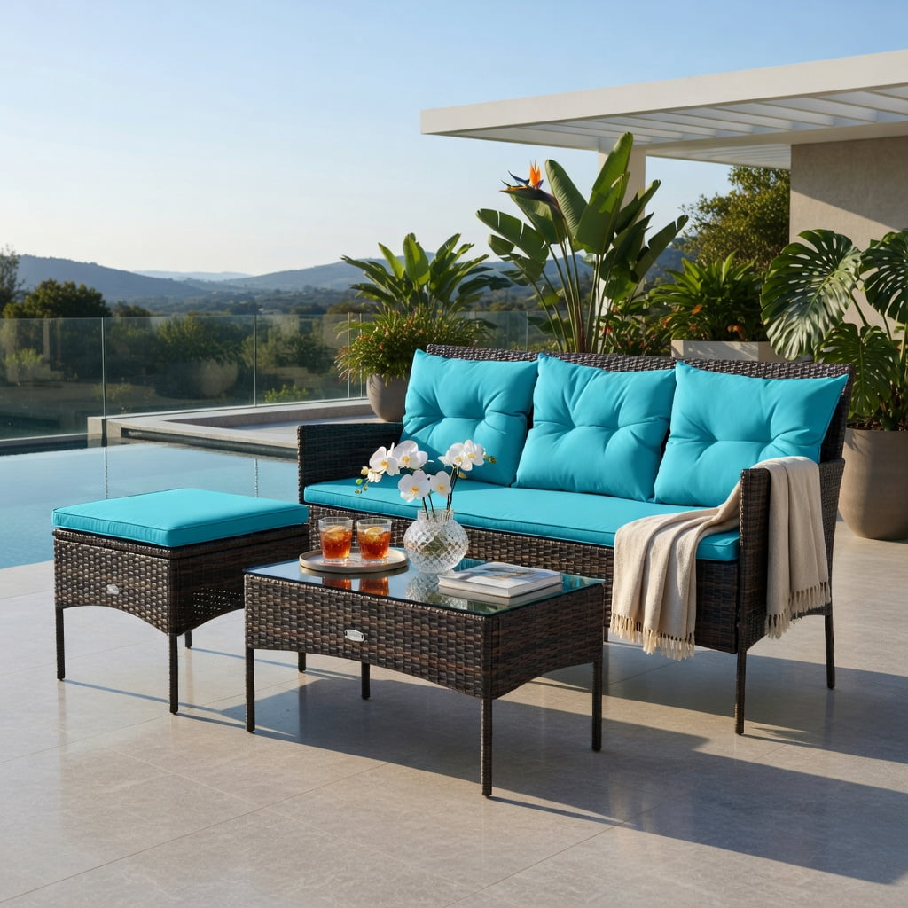 Hommoo 3-Piece Outdoor Patio Sectional Set, Woven Rattan Sofa, Ottoman & Glass Coffee Table with 5 Removable Cushions, Turquoise