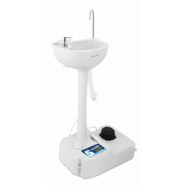 Lavabo Portátil Fregadero para Camping SereneLife con Tanque de Agua de 19L, Bomba de Pie, Dispensa Jabón y Soporte para Toallas, Compacto con Asa para Transportar, Ideal Actividades al Aire Libre