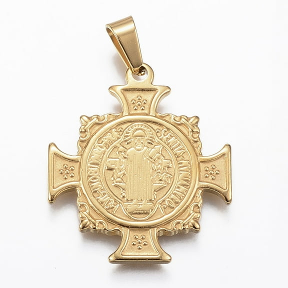 304 Stainless Steel Pendants Cross with Saint Benedict Medal Golden 28.5x25x2mm Hole: 4x6mm
