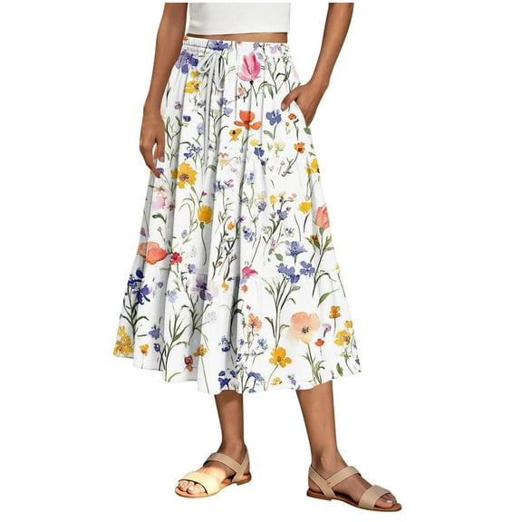 SHE IS Women's 2026 Bohemian Long Floral Skirts Flowy Drawstring High Waist Floral Maxi Skirt Summer Regular Trendy Skirts