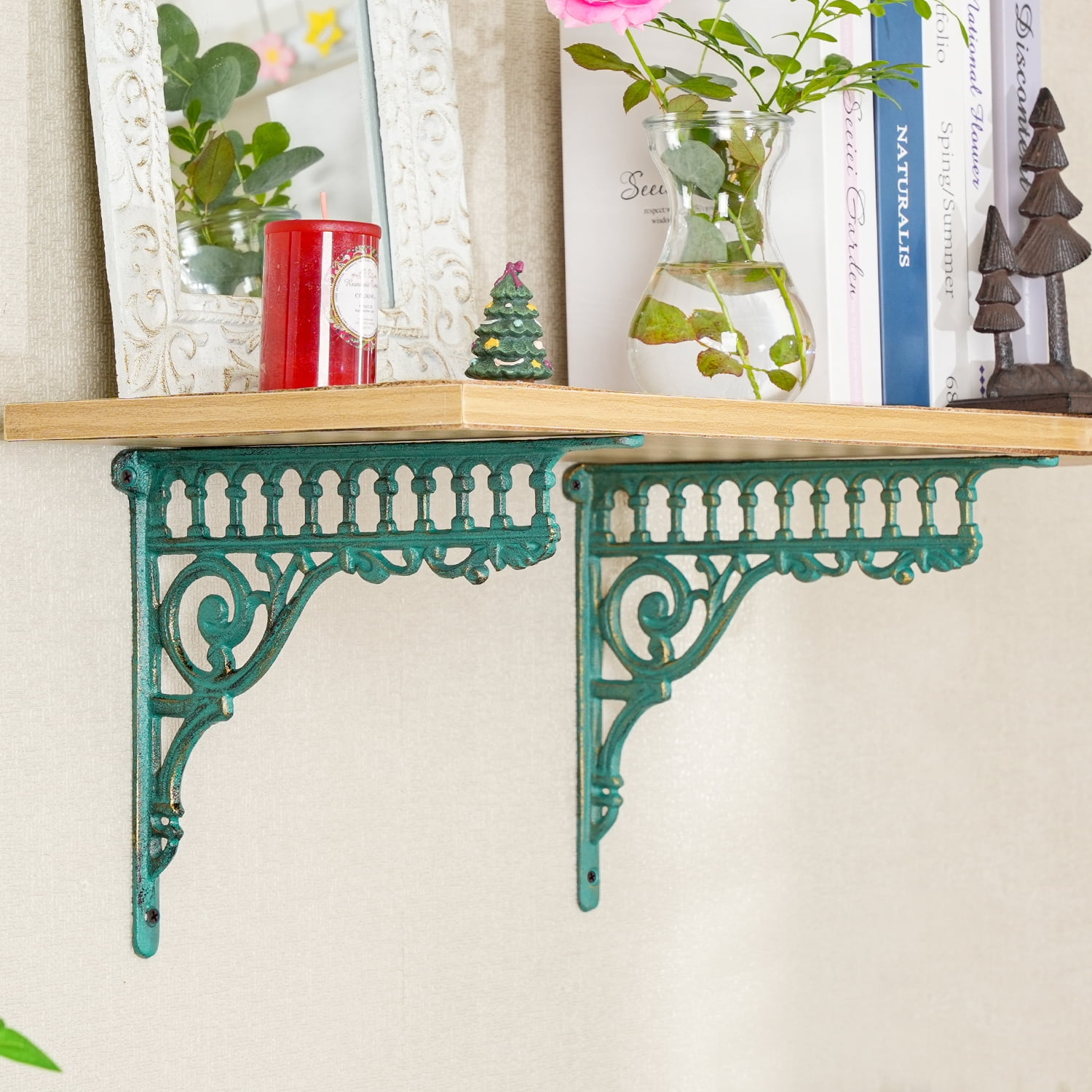 Sungmor 10.6 Inch Cast Iron Green Brackets for Shelves, 2PC Vintage Decorative Angle Support Doorway Bracket, Shelves Corbels, Wall Mounted Floating Shelf Bracket
