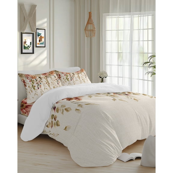 4 Piece Duvet Cover Set Cal king, Autumn Vintage Eucalyptus Leaves Daisy Soft Breathable Bedding Set with Pillow Shams Flat Sheet, Farmhouses Floral Bed Comforter Cover Sets