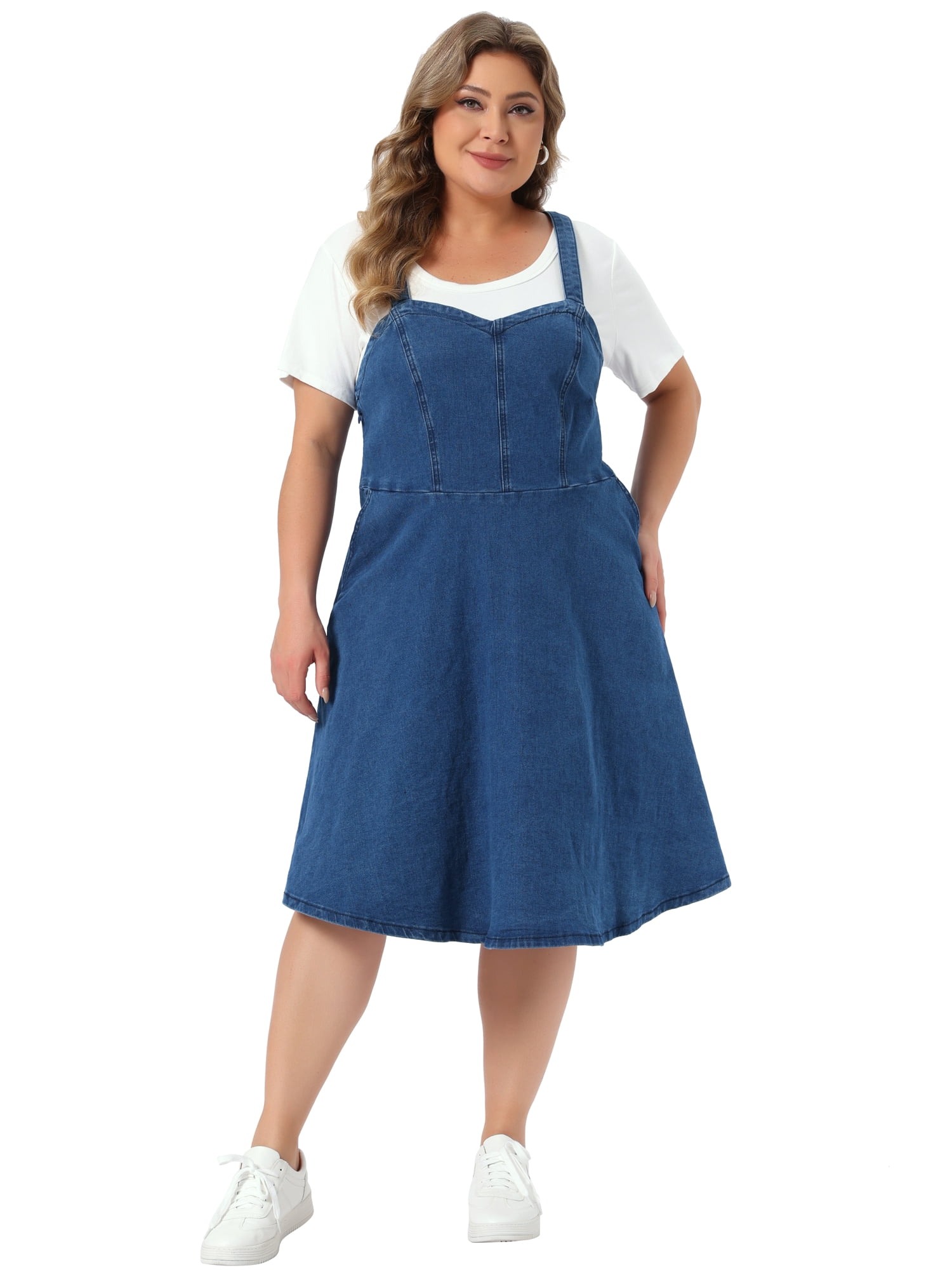 DARING DIVA Women's Plus Size Denim Overall Adjustable Straps Pockets Dress 4X Blue