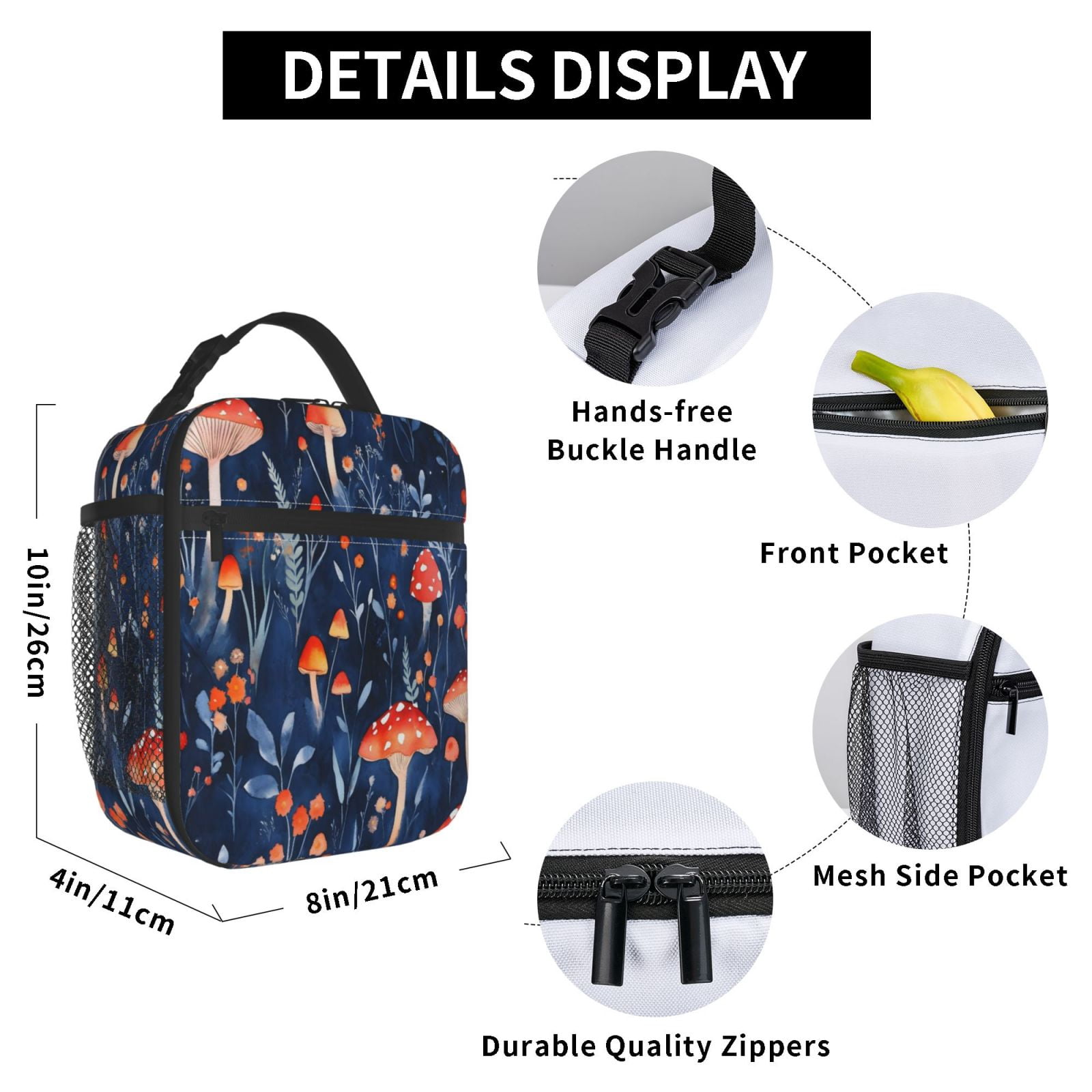 Lunch Bag For Women Men Insulated Portable Lunch Box Bento Box Office Picnic Travel Cooler Bag Red Mushrooms Coprinopsis Atramentaria