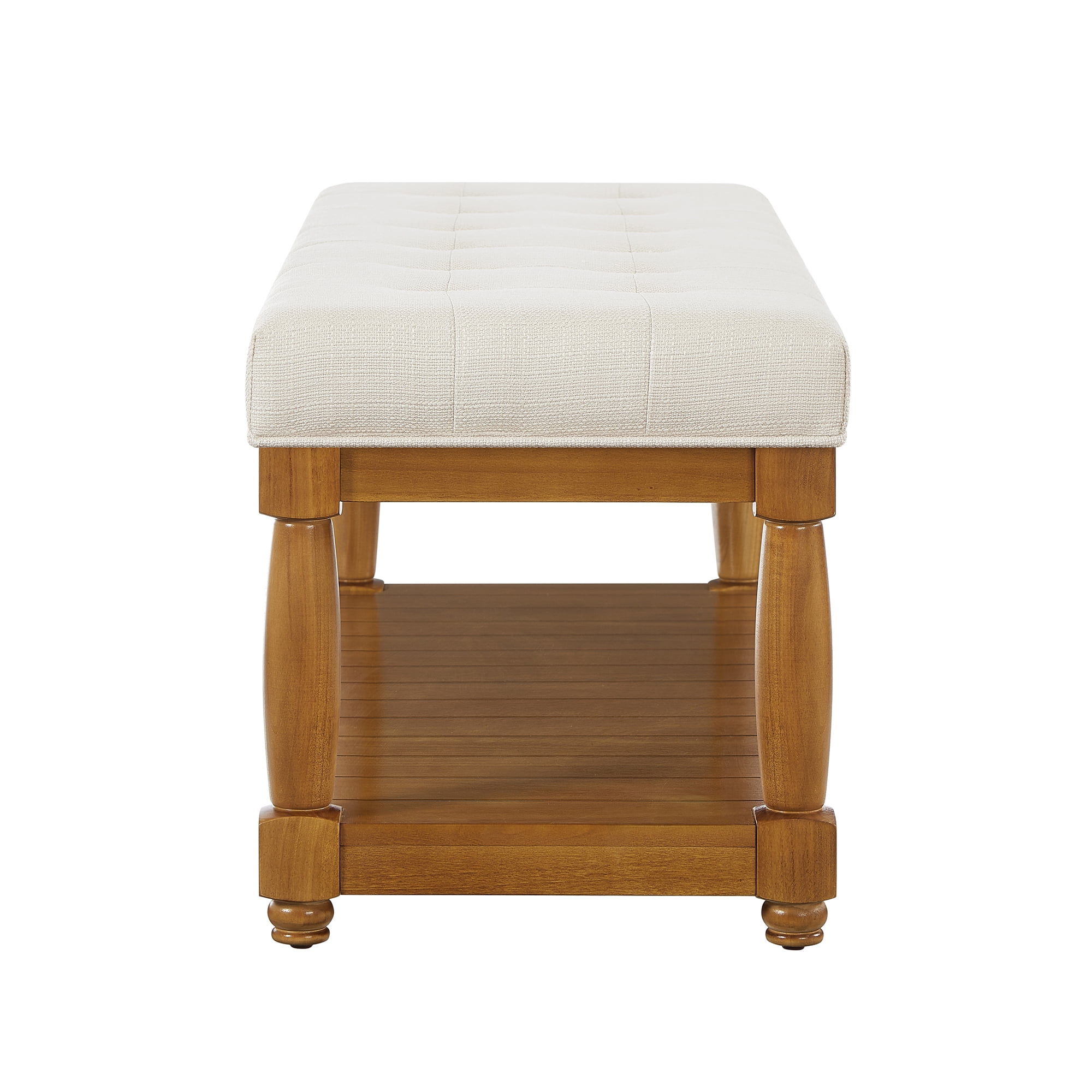 Upholstered Linen Bench with Storage Shelf - Tufted Ottoman Bench for Bedroom Entryway Living Room, Solid Wood Spindle Legs Accent Furniture