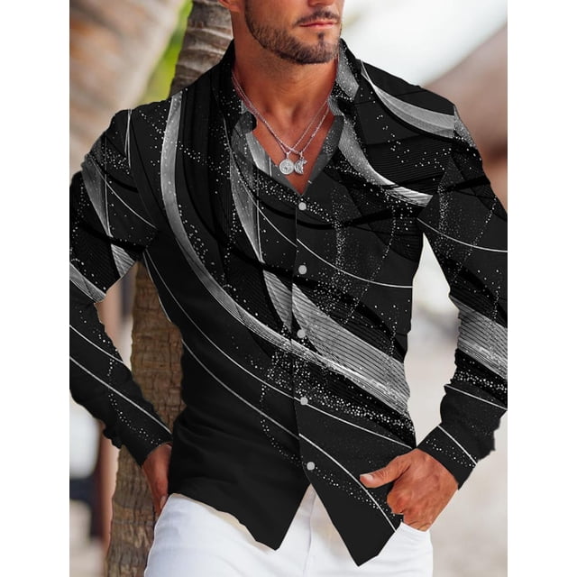 Camisa estampada de manga larga para hombre, con solapa lineal, para exteriores, calle, manga larga, moda, a rayas, para fiestas, con botones