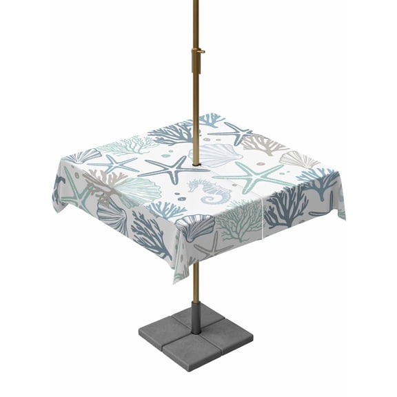 Outdoor Table Cloth with Umbrella Hole and Zipper, Aqua Teal Coastal Waterproof Square Tablecloth 60"x60", Summer Beach Starfish Coral Nautical Washable Table Cover for Outside Party Patio Picnic