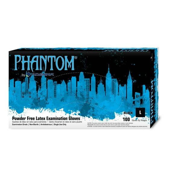 Adenna PHM916 Phantom Latex Powder Free Exam Gloves, Large, Black (Pack of 100)