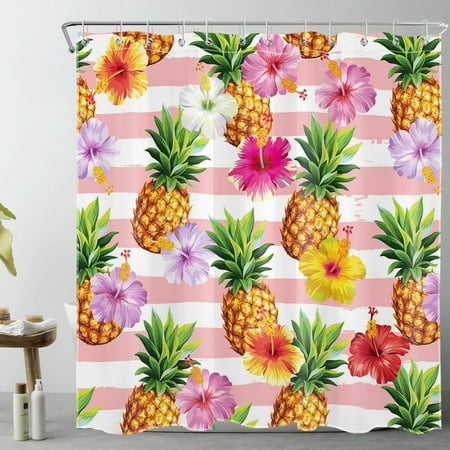 HVEST Yellow Pineapple Shower Curtain for Bathroom,Tropical Fruit Green Leaf and Colorful Floral Plant Fabric Shower Curtain with Hooks,Pink and White Striped Bathroom Curtain Shower Set, 69x70 inches