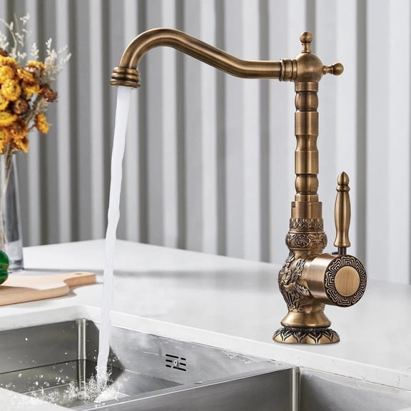 Antique Brass Kitchen Sink Faucet 1 Hole Single Handle 360° Swivel Mixer Taps