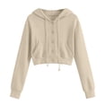 thumbnail image 4 of Teylalorva Women's Outerwear Jackets Basic Hooded Button Drawstring Short Double Pocket Long Sleeve Fall Winter Beige Size S, 4 of 8