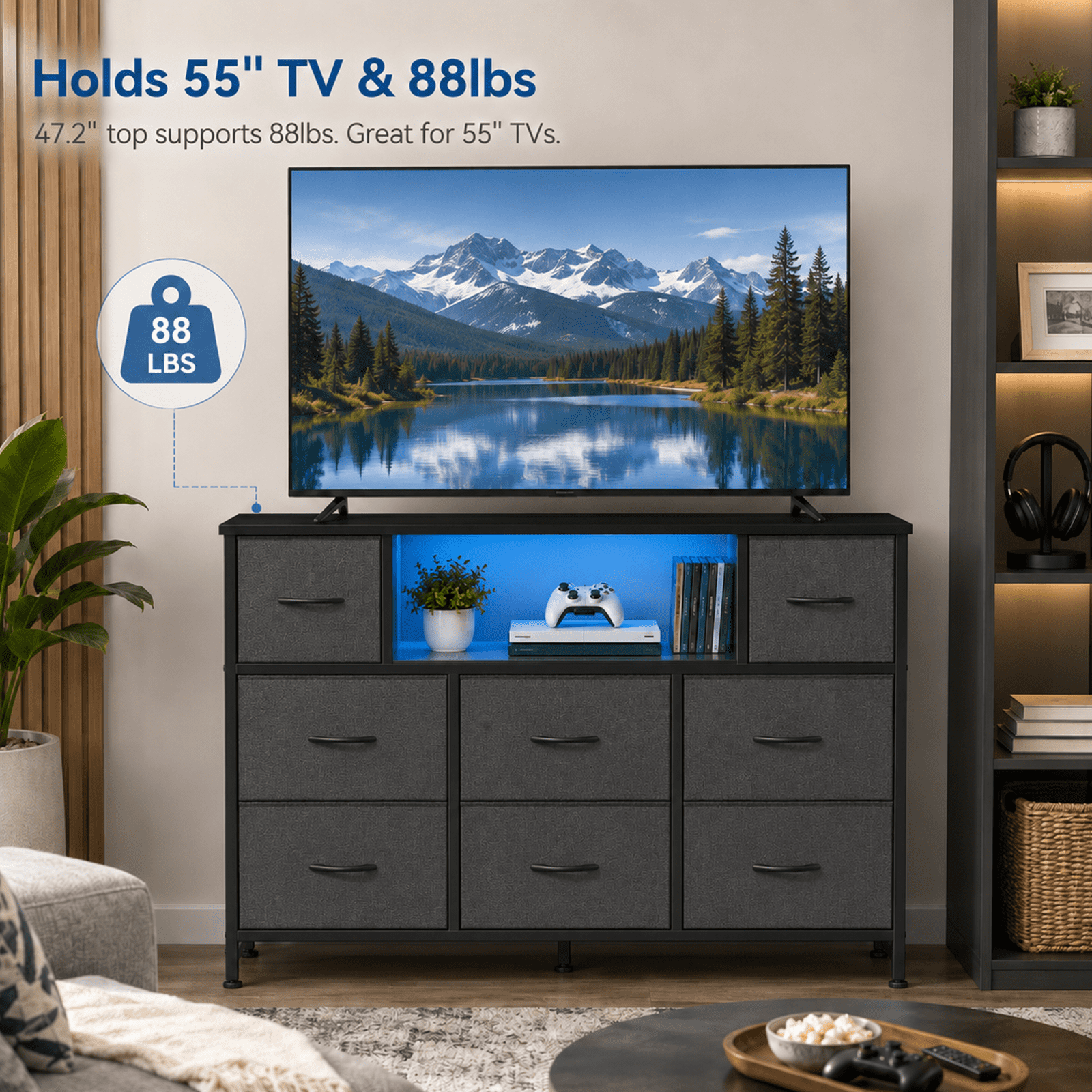 Alvantor Dresser TV Stand for 45, 50, 55 inch TV, Entertainment Center with LED Lights & Charging Station, Chest of Drawers with 8 Fabric Drawers and Open Shelves for Living Room, Hallway, Wood Top