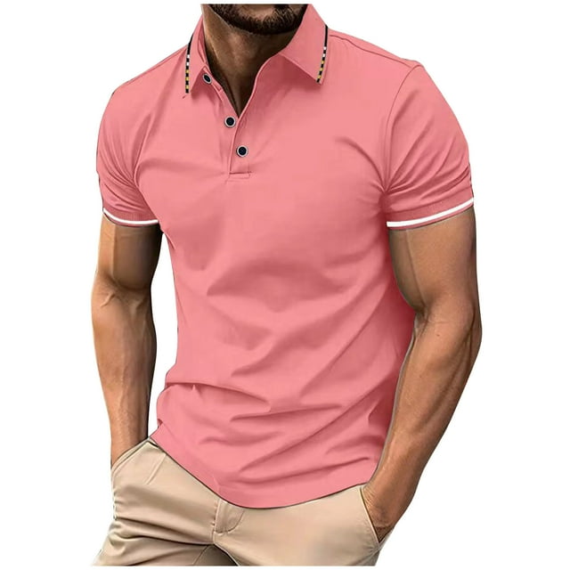 Fengqque Mens GOLF Shirts Short Sleeve Golf GOLF Button Pullover Casual Contrast Color Basic T Shirt Ribbed Collar Pink 8(L)