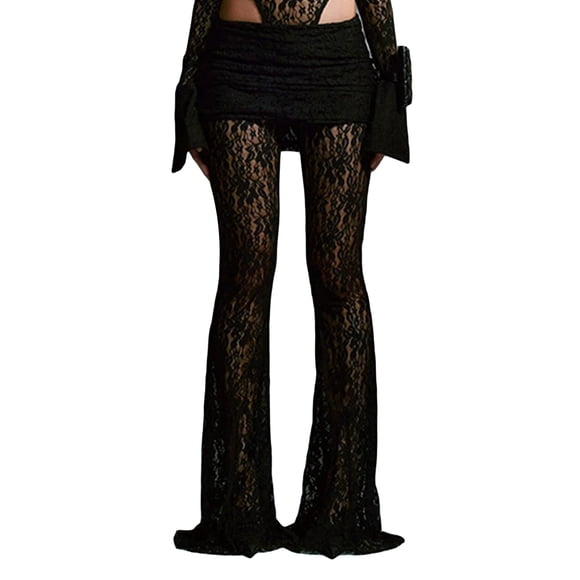 Gupgi Pantalon Évasé en Dentelle pour Femme Noir Shher Transparent Pantalon de Couverture Taille Élastique Coupe Ajustée Pantalon Pattes d'Éléphant