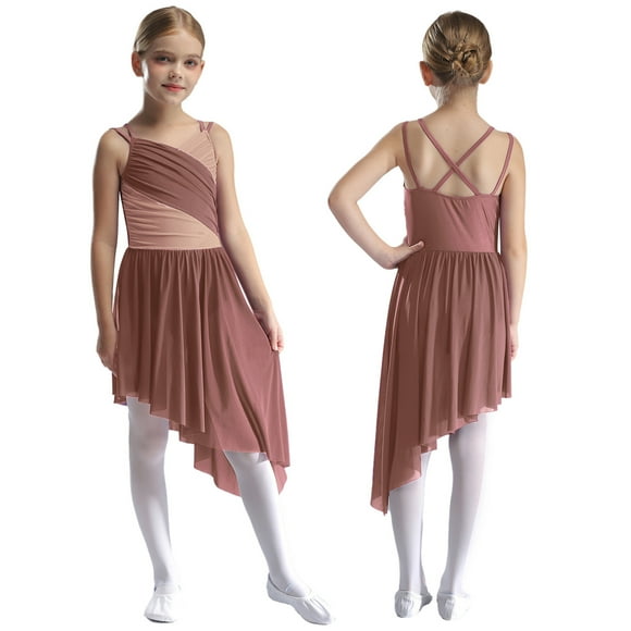 Linjinx Girl's Lyrical Dance Dress Latin Jazz Skating Costumes High-Low Tutu Skirt Ballet Skirted Leotard Dusty Pink 14