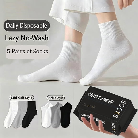 Fabrcox 5 Pairs Disposable Socks, No Wash Lazy Socks, Ankle Style, Unisex Daily Socks for Travel Business for Men Women White