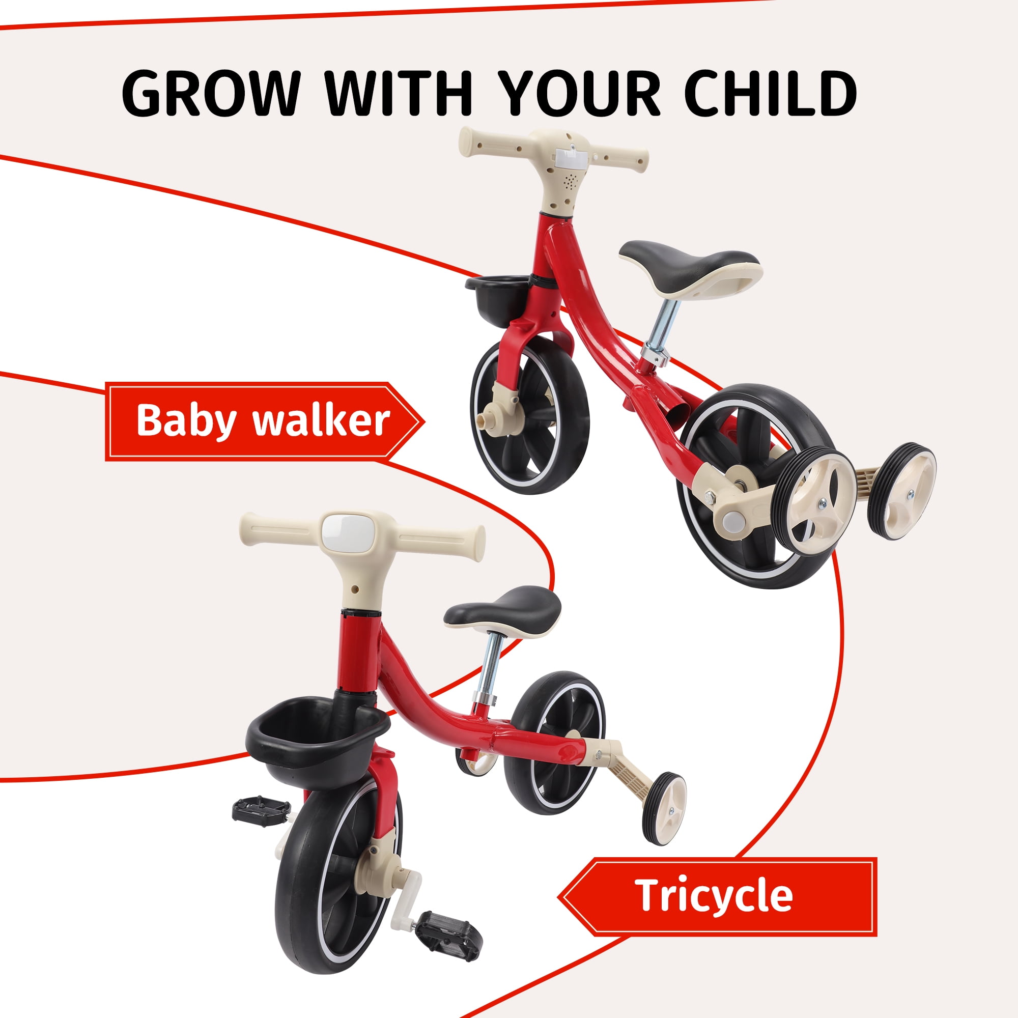 3-Wheel Trike Bicycle for Toddlers, Kids Pedal Tricycle Stroller with Basket, Folding Trike Bike