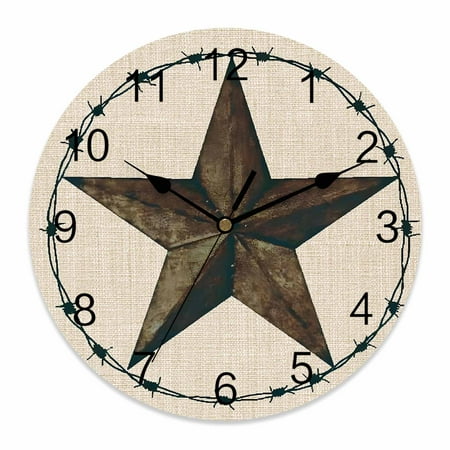 Wall Clock Western Texas Star Barn Clocks PVC Silent Non-Ticking Battery Operated Decorative Rustic Retro Linen Round Clock for Home Living Room Kitchen Bedroom Office School Wall Decor 10 Inch