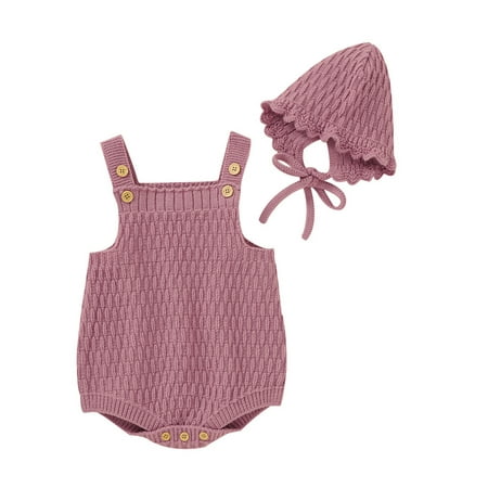 

2 Pcs Infant Baby Girl Boy Knit Romper Sleeveless Halter Bodysuit Jumpsuit with Hat Fall Winter Outfits Clothes