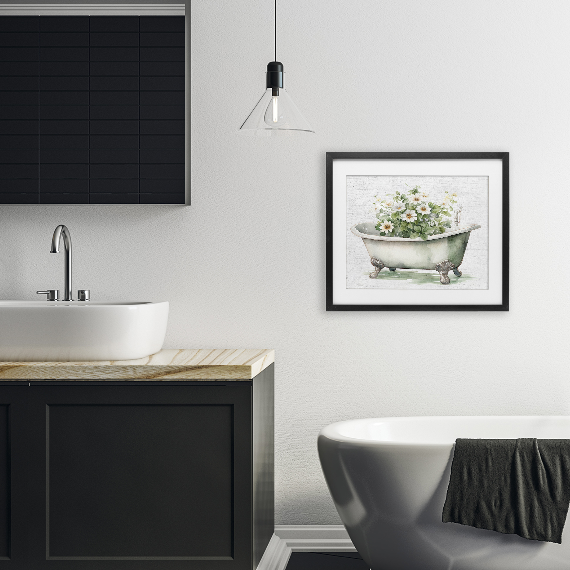 Boho Tub with Daisies Black Framed Print Under Glass, design by Lettered and Lined