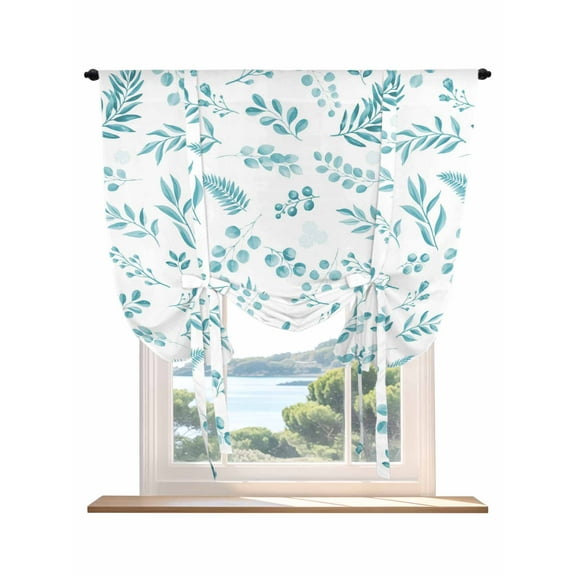 Teal Leaves Tie Up Curtains for Windows 63 Inch Length Balloon Curtains Kitchen Adjustable Balloon Window Shade Summer Plants Flowers Vintage Pastoral Tie Up Valance Bathroom Curtain Window 52"x63"