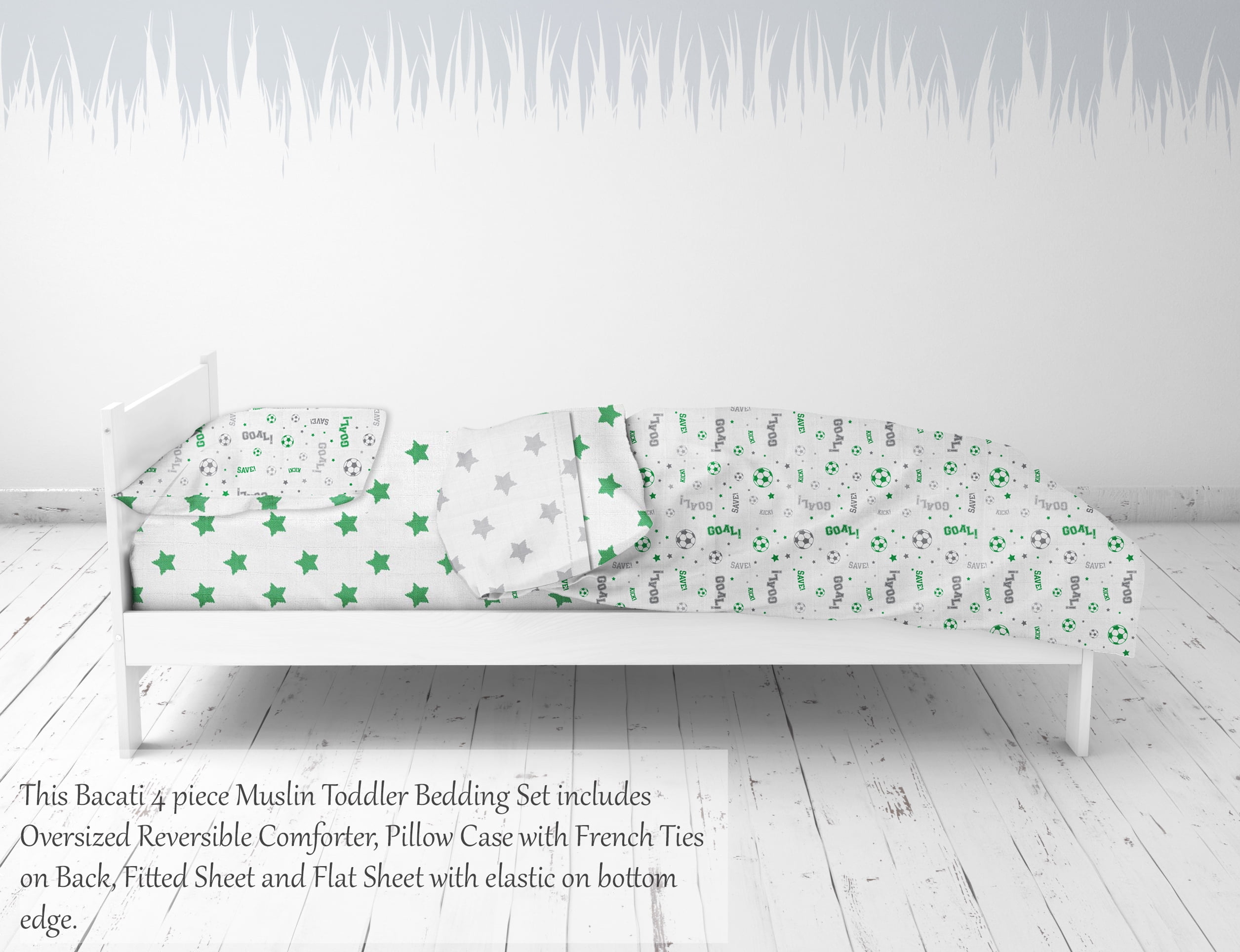 Bacati - Sports 100% Cotton Muslin 4-Piece Toddler Bedding Set, Soccer Green/Grey