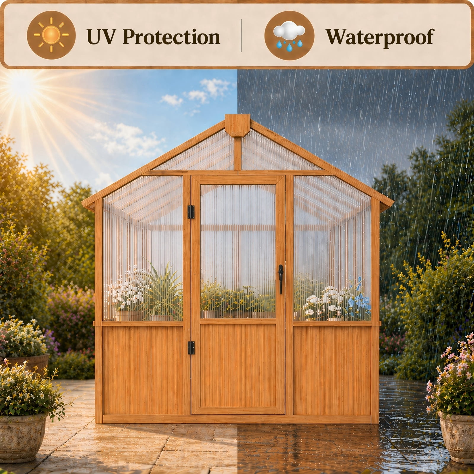 PABIMIA 6 ft. x 12 ft. Wood Greenhouse, Outdoor Walk-in Greenhouse Kit with Polycarbonate Panels and Adjustable Roof Vent