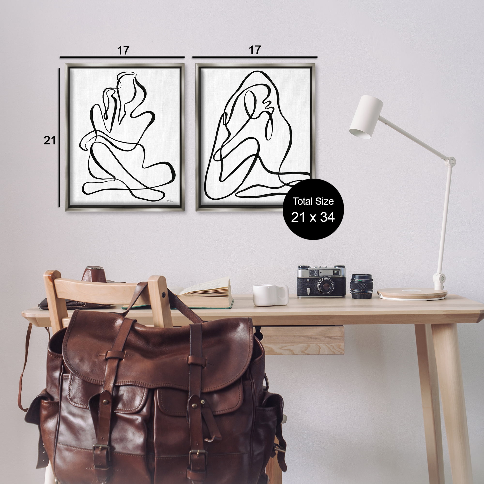 Stupell Industries Minimalist Female Figure People Painting Gray Floater Framed Canvas Art Print Wall Art, 17 x 21, Set of 2