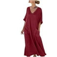 thumbnail image 2 of Ndbuld Robe d'Été Bohème pour Filles Robe de Soleil Mode Décontractée pour Femmes Col en V Couleur Unie Manches 3/4 avec Poches Robe Longue Liquidation à Moins de 5$, 2 of 6
