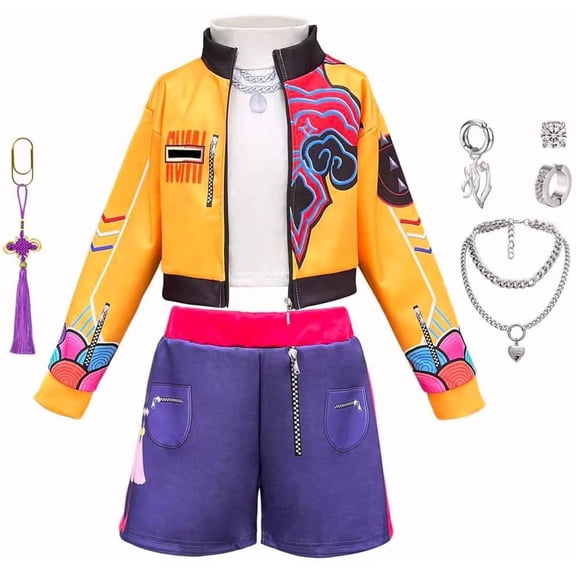 Guvpev G'irl's Popular Singer Halloween Costume, 3-Piece Pop Idol Group Stage Performance Outfit, Streetwear Jacket, Top & Shorts Set with Dress Up Accessories, Halloween Party Cosplay