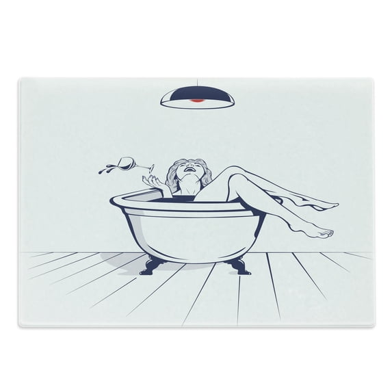 Wine Cutting Board, Young Woman Relaxing on the Bathroom with Glass of Wine Drawing Art, Decorative Tempered Glass Cutting and Serving Board, Large Size, Dark Blue Red White, by Ambesonne
