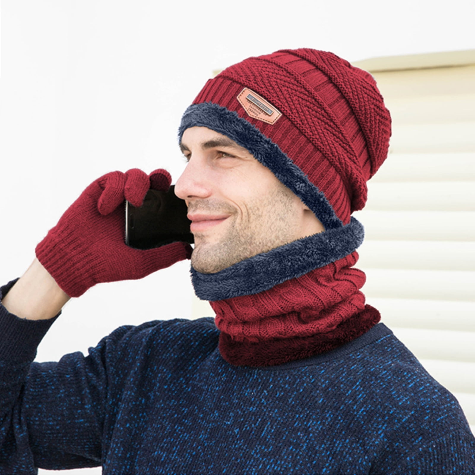 1set Mens Winter Beanie Hats Scarf Set Warm Knit Hats Skull Neck