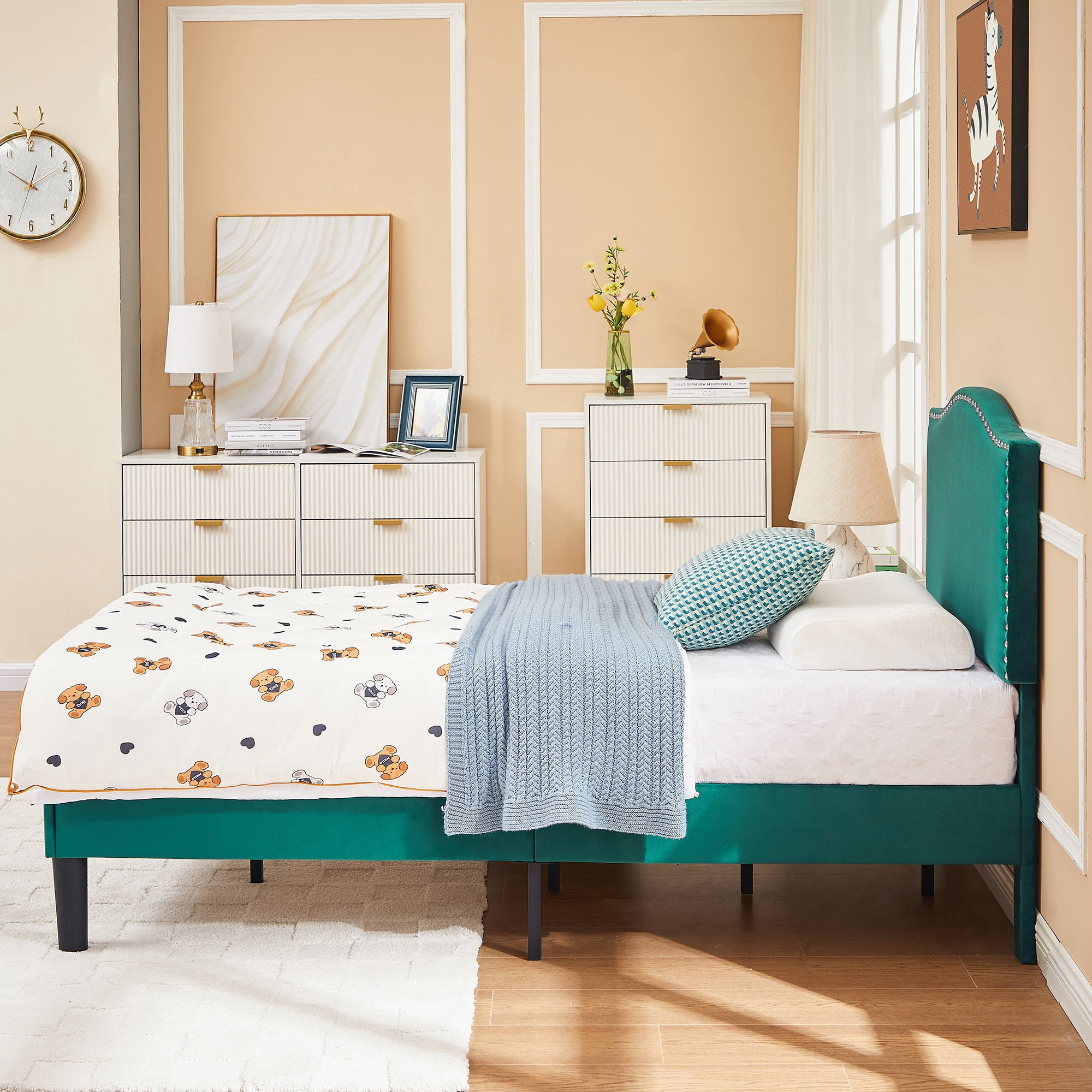 VECELO Twin Bed Frame Platform Bed Frame with Upholstered Headboard, Strong Frame and Heavy-Duty Slats Support, Non-Slip and Noise-Free, Easy Assembly,Pink