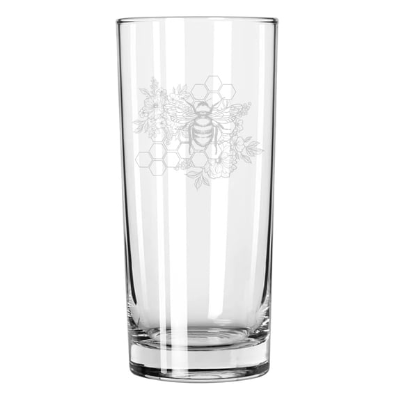 15 oz Tall Beverage Drinking Glass Highball Tumbler Gift Honeycomb Bee Flowers