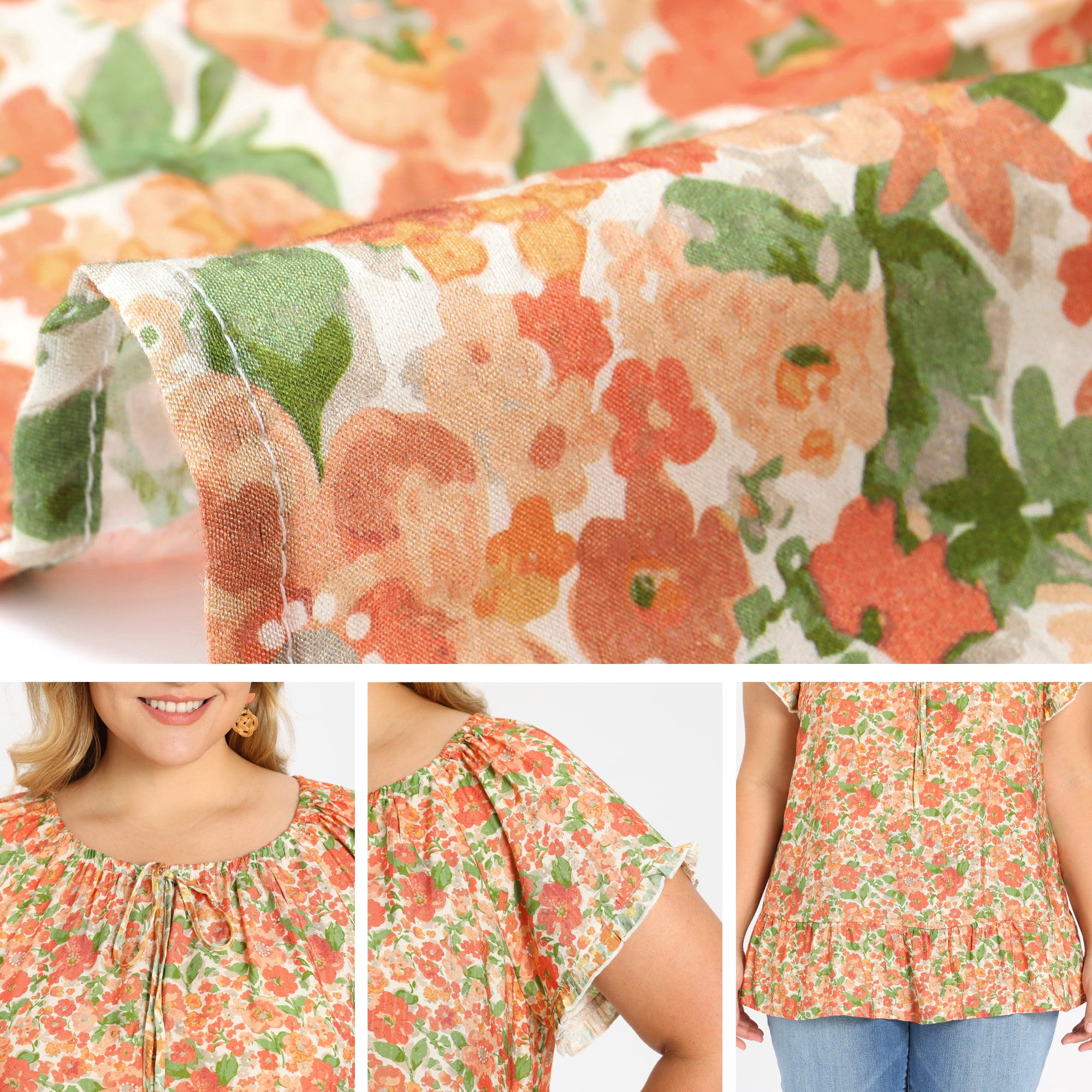 DARING DIVA Women's Plus Floral Ruffle Sleeve Tie Neck Blouses Top 1X Orange
