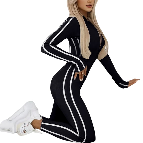 Women's Long Sleeve Zip Front Bodycon Jumpsuit Athletic Slim Fit Tracksuit