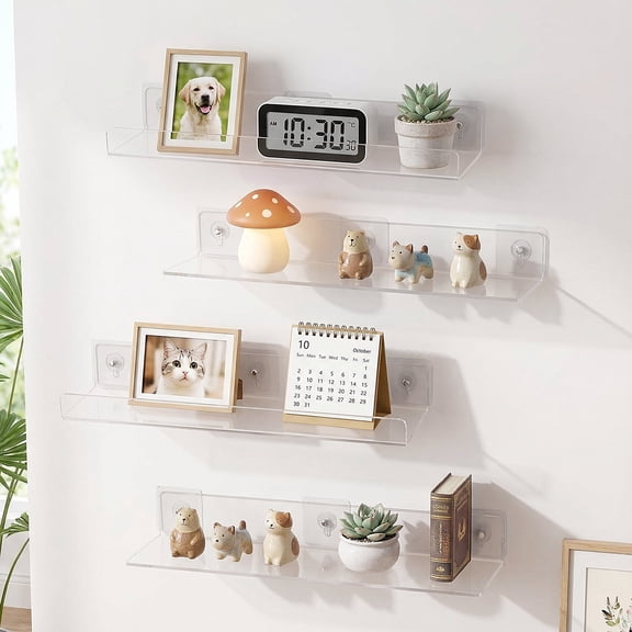 Mimifly 4-Pack Clear Acrylic Floating Shelves 15.7"x4", 2 U-Shape & 2 L-Shape Wall Organizer | Bathroom Storage, Bookshelf, Perfume Display, Makeup & Collectibles