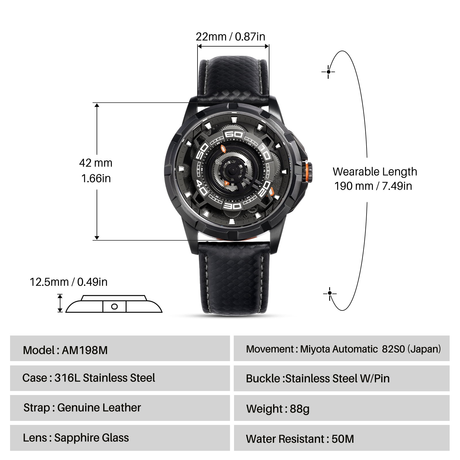 BERNY Mens Skeleton Automatic Watch, Luxury Fashion Self Winding Mechanical Watch with Leather Strap, Exhibition Caseback, Sapphire Crystal, Luminous 50M Waterproof Watches for Mens Gifts (Balck)