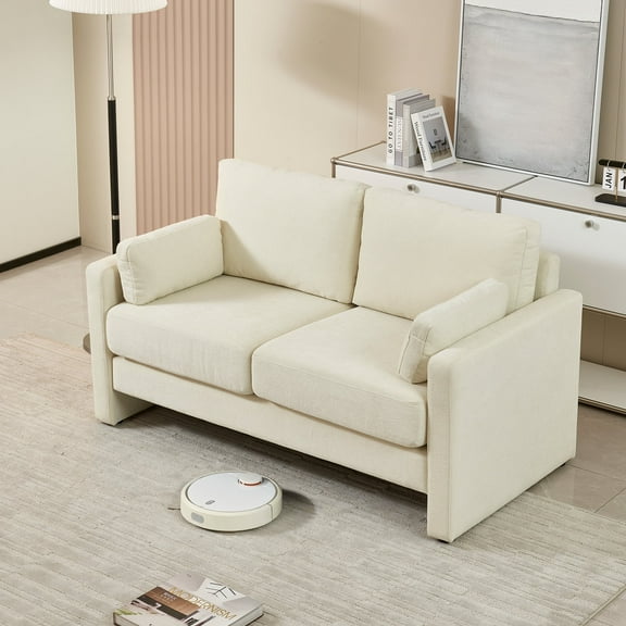 Mid Century Modern Loveseat Sofa, Comfy Chenille Fabric Upholstered Small Sofa Couch, Luxury 2 Seater Couch with Armrest & Pillow, Small Loveseat Couch for Small Spaces, Living Room, Beige