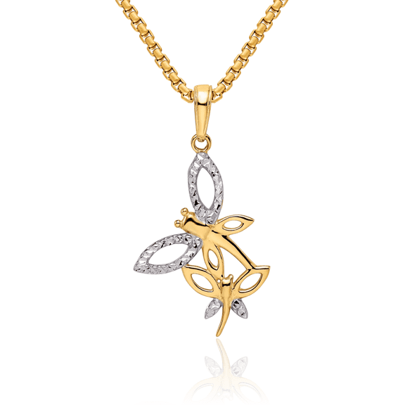 14K Solid Two Tone Yellow White Gold Dragonflies Necklace Chain Pendant Charm