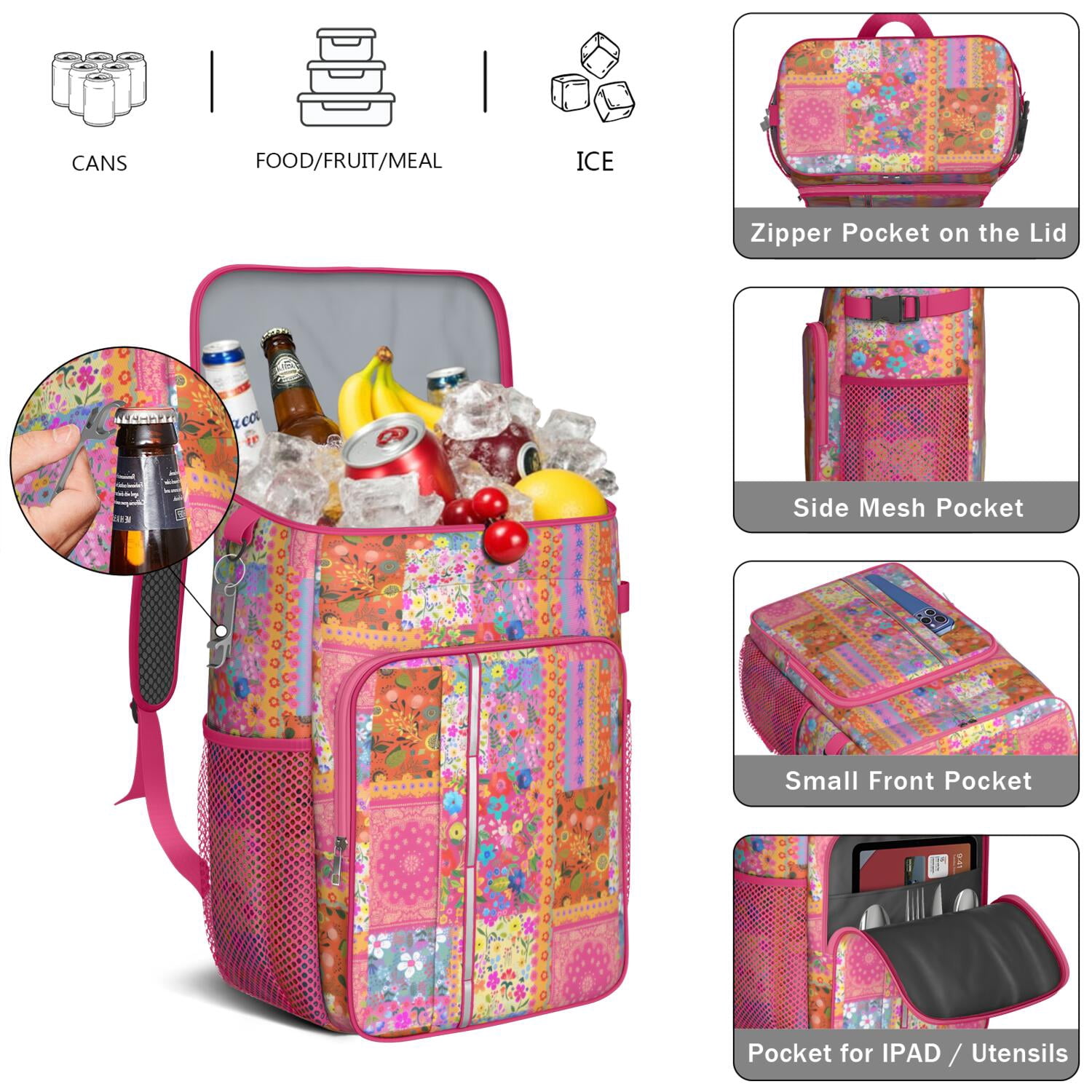 Travel Cooler Bag - Boho Bohemia Flower Camping Beer Cooler Backpack with Bottle Opener- Waterproof Insulated Picnic Backpacks - Cooler Bag for Beach