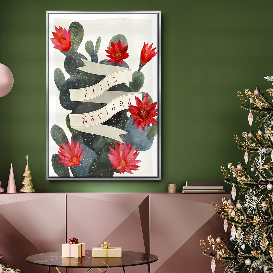 Desert Christmas Cactus I - Framed Gallery Wrapped Holiday Canvas - 25 x 37 - Silver Frame