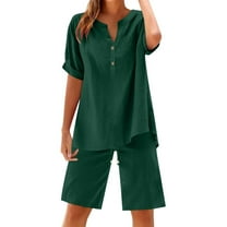 Womens Plus Size Outfit Sets, Linen Button-up Shorts Sets, Women’s Plus Size 2 Piece Summer Outfits Button V-Neck Short Sleeve Shirts Tops and Elastic Waist Wide Leg Bermuda Shorts