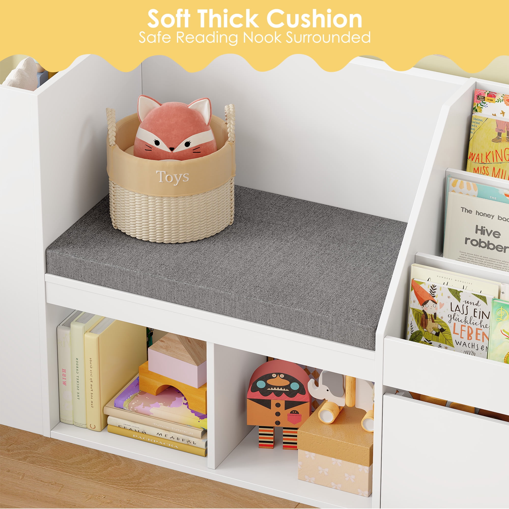 Hiphuta 49"W Kids Bookcase with Reading Nook & Side Storage, Toy Storage Organizer with Book Rack & Drawer for Kids Room