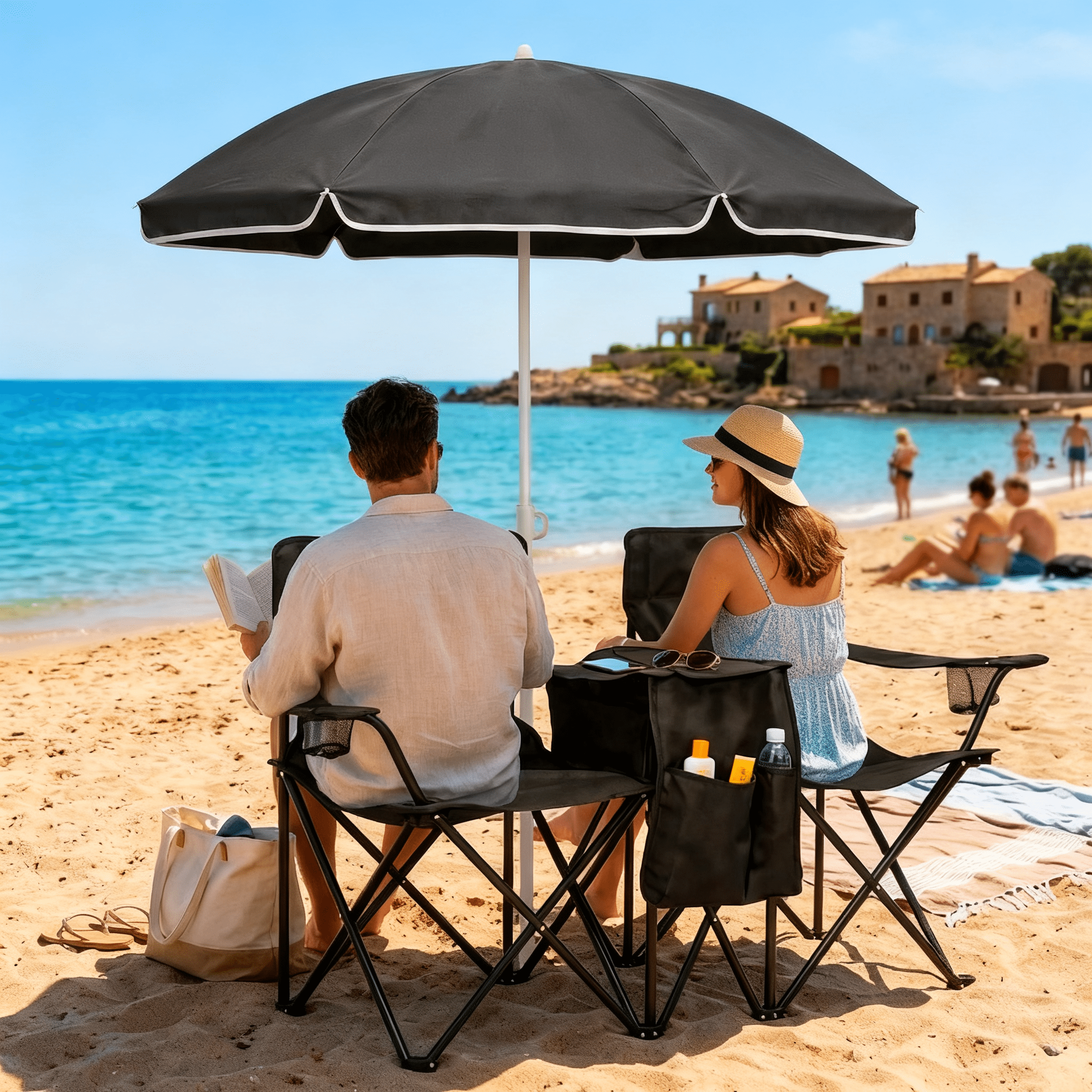 Portable Folding Picnic Chair Set with Umbrella, 2-Person Outdoor Camping Chairs Cup Holders, Foldable Beach Chair Set for Patio, Camping, Backyard, Black